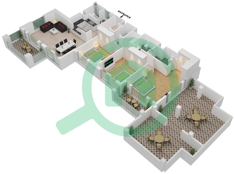 المخططات الطابقية لتصميم النموذج / الوحدة B UNIT 1 شقة 3 غرف نوم - مبنى لامتارا 1 Floor 7 interactive3D