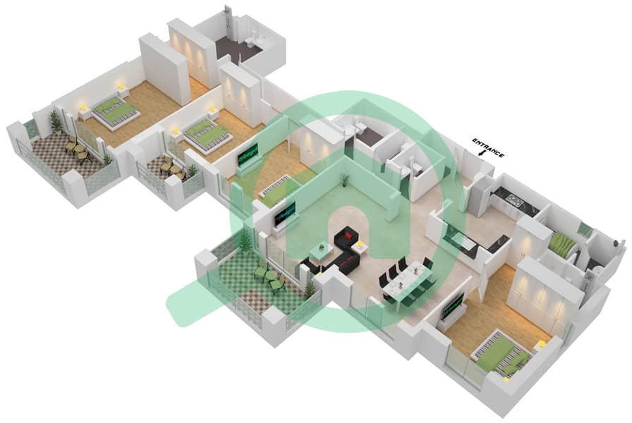 المخططات الطابقية لتصميم النموذج / الوحدة B UNIT-3 شقة 4 غرف نوم - مبنى لامتارا 1 Floor 2 interactive3D