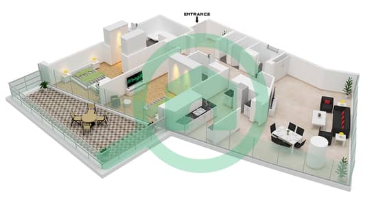 المخططات الطابقية لتصميم النموذج A-FLOOR B2 شقة 2 غرفة نوم - مساكن جميرا ليفنج بالمركز التجاري العالمي