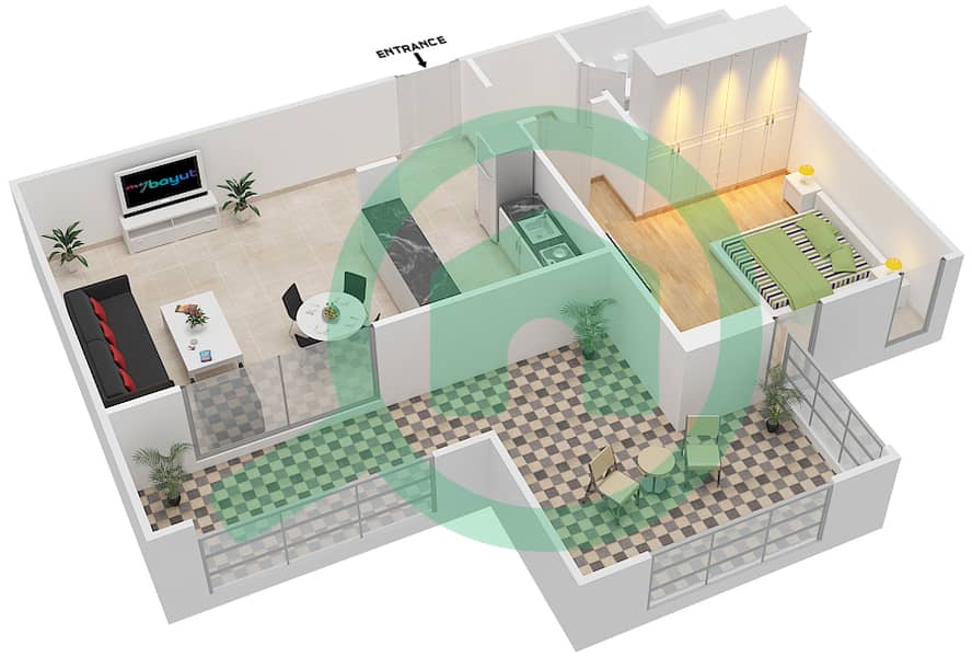 御风公寓2号 - 1 卧室公寓类型1戶型图 interactive3D