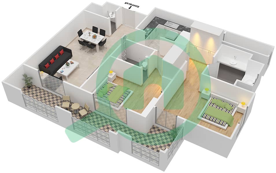 المخططات الطابقية لتصميم النموذج 1 شقة 2 غرفة نوم - رويال بريز2 interactive3D