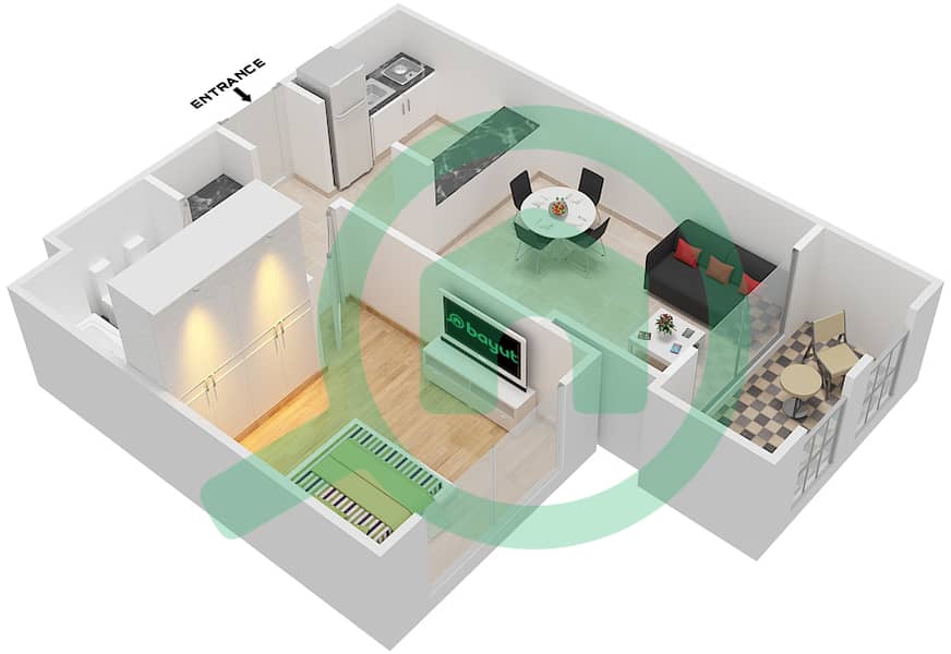 御风公寓3号 - 1 卧室公寓类型4戶型图 interactive3D