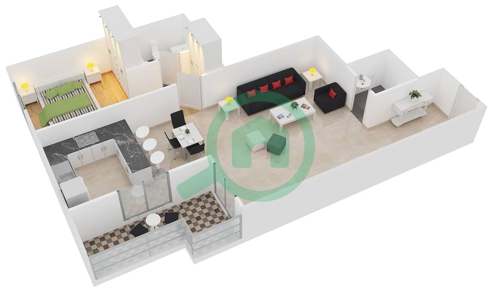 المخططات الطابقية لتصميم النموذج A شقة 1 غرفة نوم - فكتوريا ريزيدينسي interactive3D