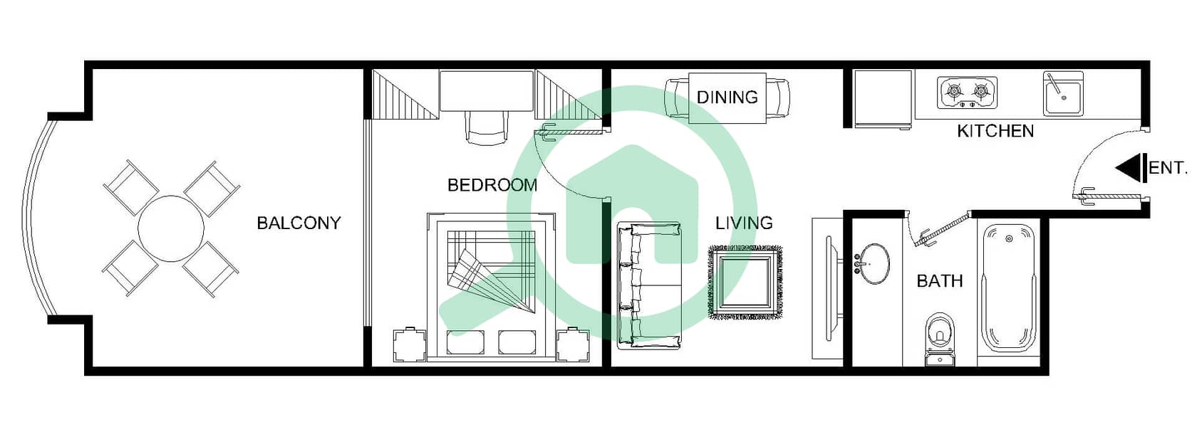 御风公寓5号 - 1 卧室公寓类型3戶型图 interactive3D