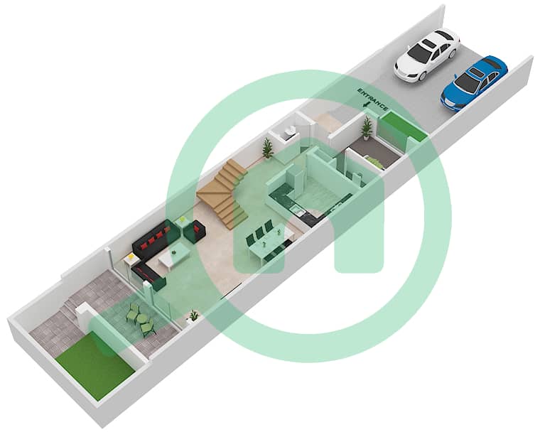 Al Burooj Residence V - 3 Bedroom Townhouse Unit 1,9 Floor plan Ground Floor interactive3D