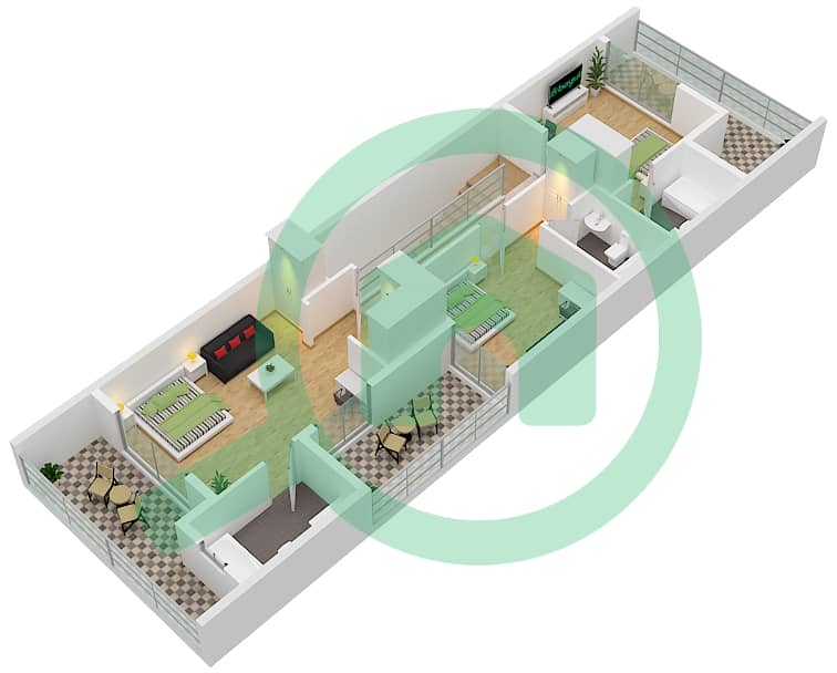 Al Burooj Residence V - 3 Bedroom Townhouse Unit 1,9 Floor plan First Floor interactive3D