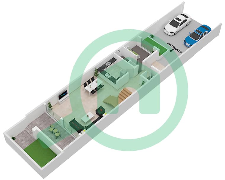 المخططات الطابقية لتصميم الوحدة 2-8 تاون هاوس 3 غرف نوم - مساكن البروج V Ground Floor interactive3D