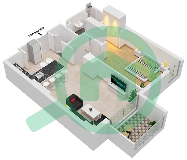 المخططات الطابقية لتصميم النموذج A-1 شقة 1 غرفة نوم - ذا تيراسز interactive3D