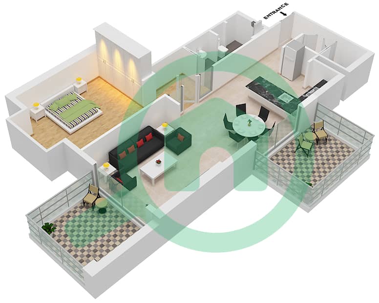 المخططات الطابقية لتصميم النموذج B شقة 1 غرفة نوم - ذا تيراسز interactive3D