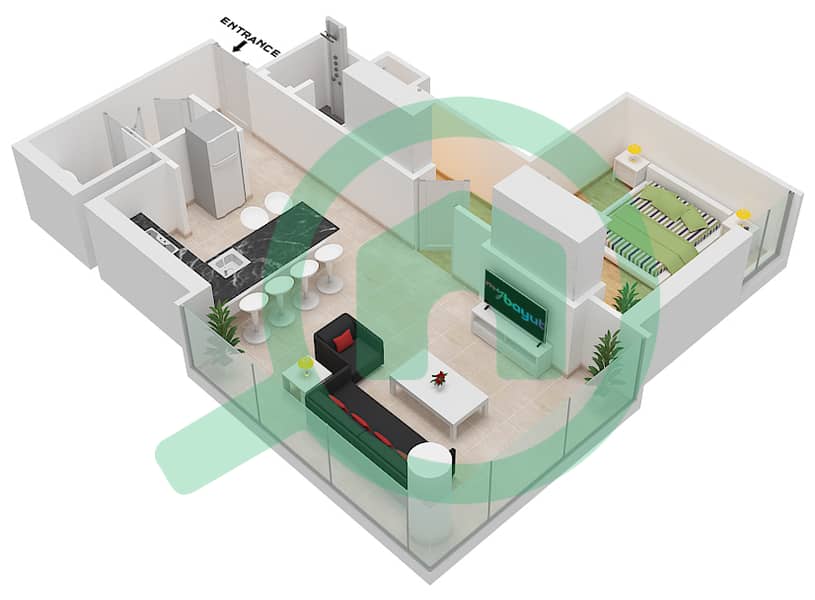 المخططات الطابقية لتصميم النموذج C شقة 1 غرفة نوم - ذا تيراسز interactive3D