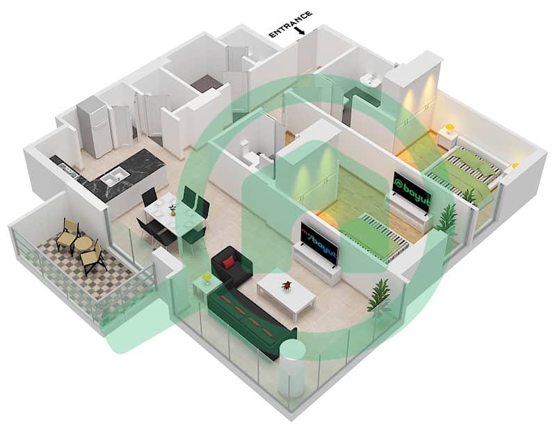 المخططات الطابقية لتصميم النموذج B-1 شقة 2 غرفة نوم - ذا تيراسز interactive3D