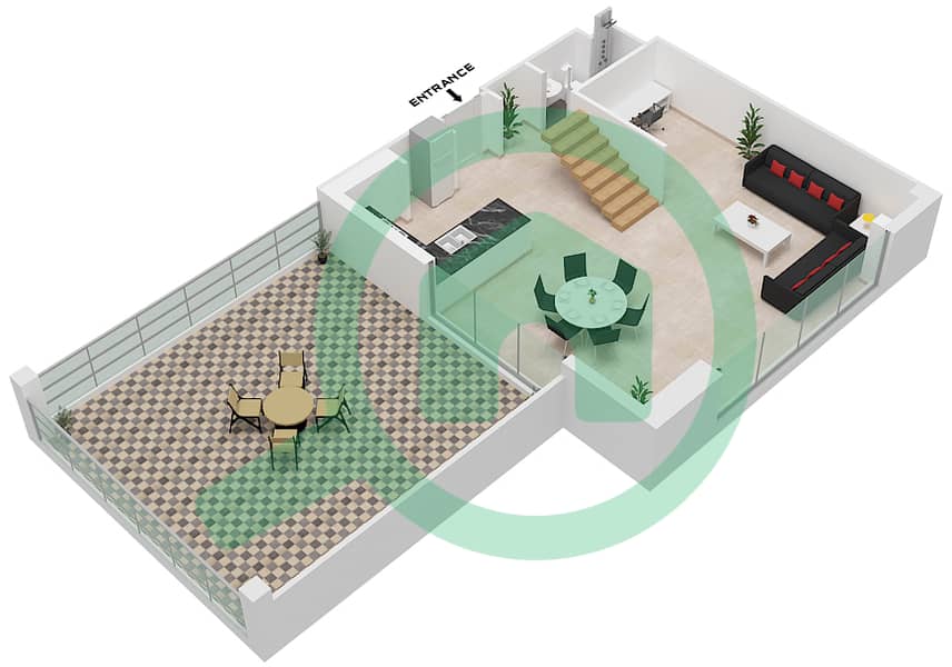 المخططات الطابقية لتصميم النموذج B-1 شقة 2 غرفة نوم - ذا تيراسز Lower Floor interactive3D