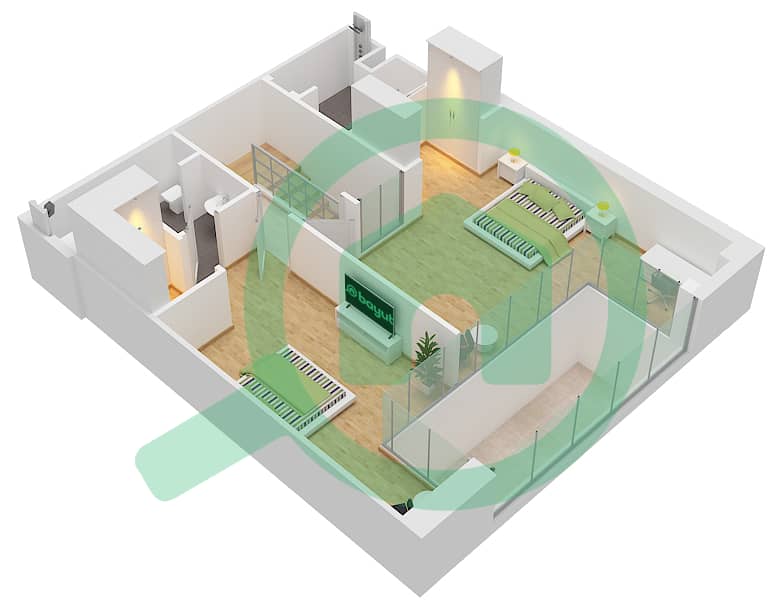 المخططات الطابقية لتصميم النموذج B-1 شقة 2 غرفة نوم - ذا تيراسز Upper Floor interactive3D