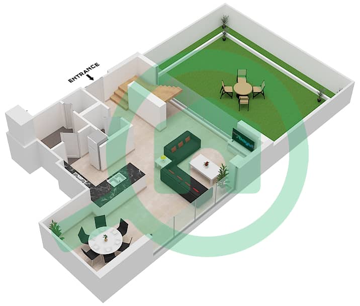 المخططات الطابقية لتصميم النموذج D-1 شقة 2 غرفة نوم - ذا تيراسز Lower Floor interactive3D