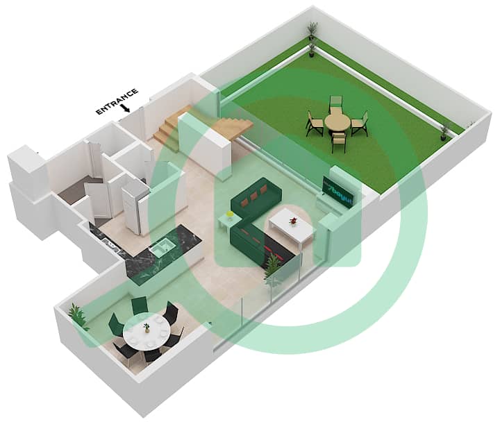 المخططات الطابقية لتصميم النموذج F شقة 2 غرفة نوم - ذا تيراسز Lower Floor interactive3D