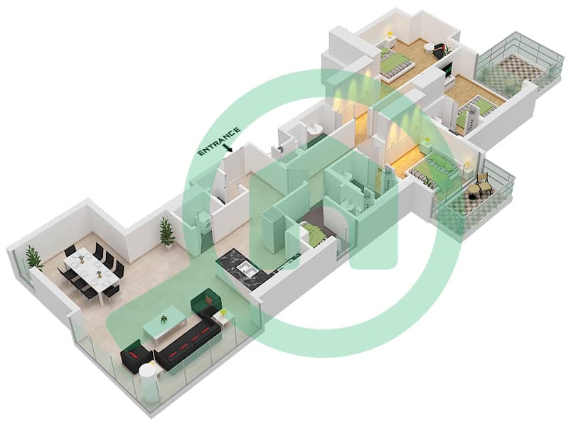露台综合住宅区 - 3 卧室公寓类型D2戶型图 interactive3D