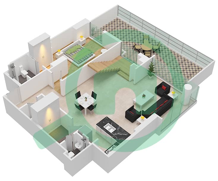 المخططات الطابقية لتصميم النموذج G شقة 3 غرف نوم - ذا تيراسز Lower Floor interactive3D