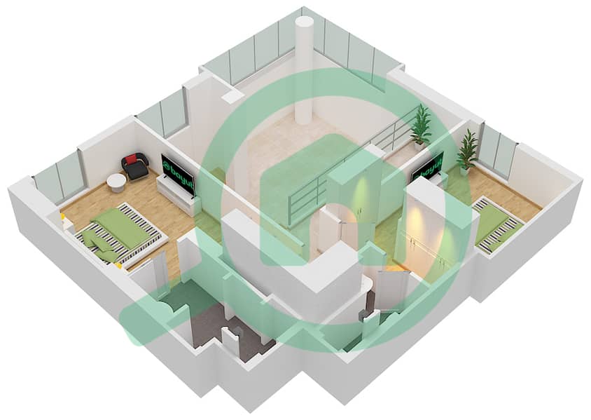 المخططات الطابقية لتصميم النموذج G شقة 3 غرف نوم - ذا تيراسز Upper Floor interactive3D