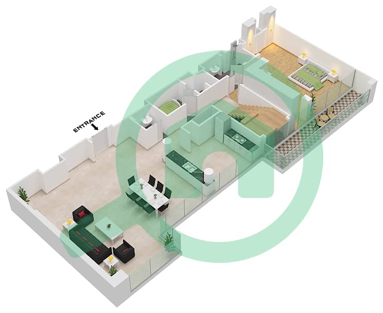 المخططات الطابقية لتصميم النموذج H شقة 3 غرف نوم - ذا تيراسز Lower Floor interactive3D