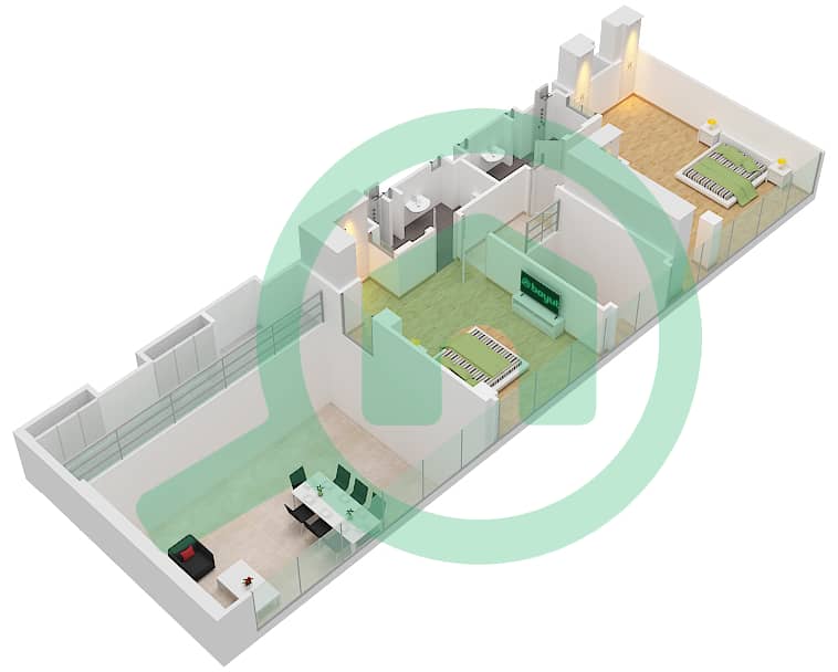 المخططات الطابقية لتصميم النموذج H شقة 3 غرف نوم - ذا تيراسز Upper Floor interactive3D