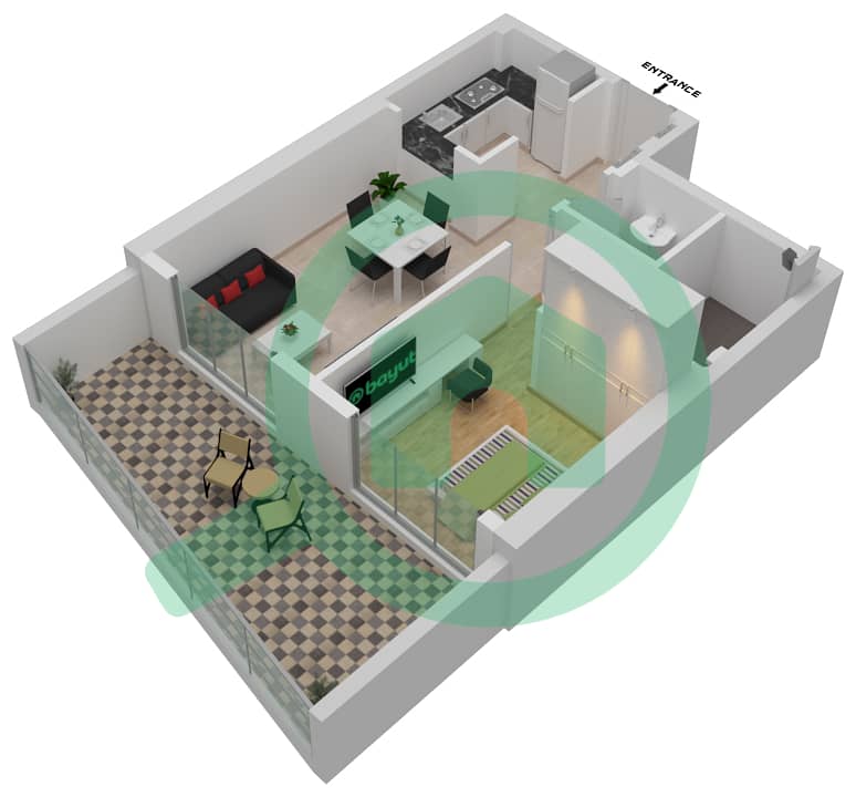 Binghatti Creek - 1 Bedroom Apartment Type A Floor plan interactive3D