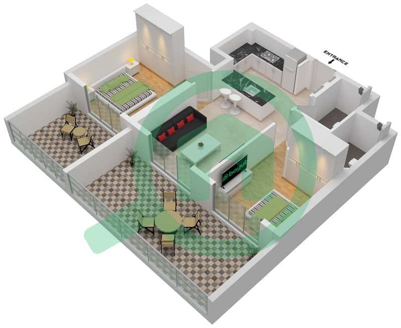 Бингхатти Крик - Апартамент 2 Cпальни планировка Тип B interactive3D