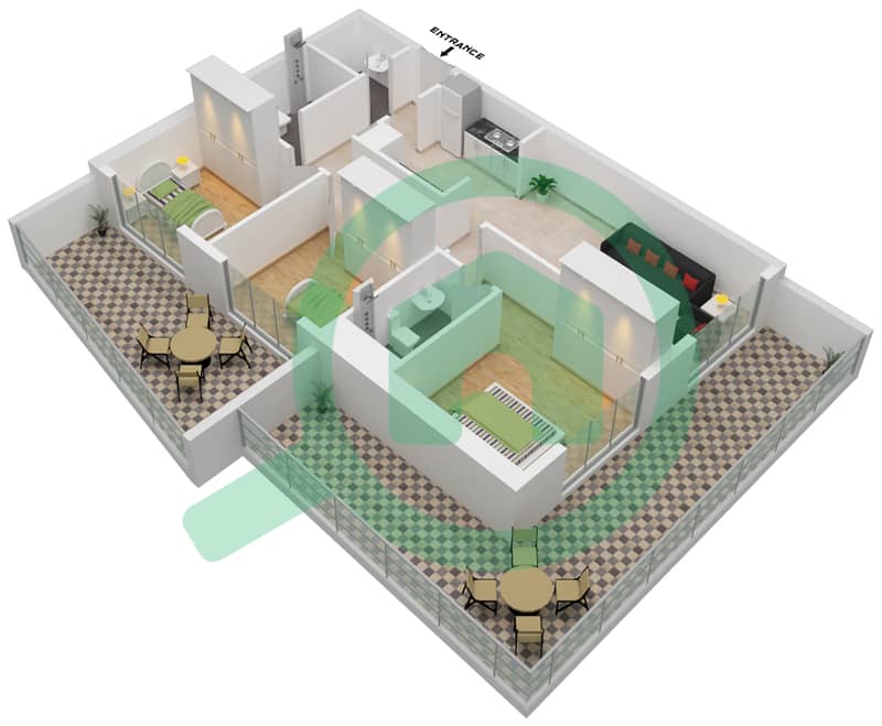 Binghatti Creek - 3 Bedroom Apartment Type C Floor plan interactive3D