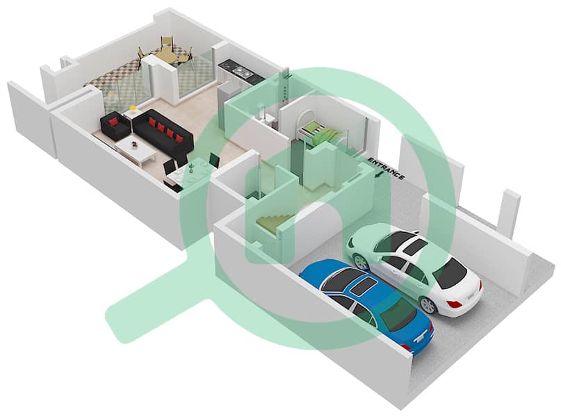 المخططات الطابقية لتصميم النموذج / الوحدة DUPLEX 2-END 2(IVORY) تاون هاوس 3 غرف نوم - بليس Ground Floor interactive3D