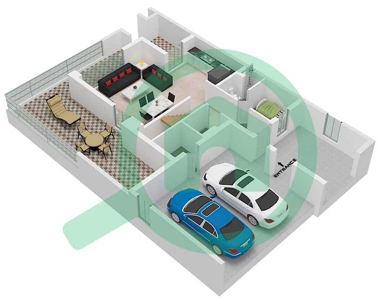 المخططات الطابقية لتصميم النموذج / الوحدة DUPLEX 2-END 1(IVORY) تاون هاوس 4 غرف نوم - بلِس Ground Floor interactive3D