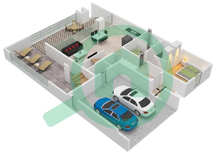 المخططات الطابقية لتصميم النموذج / الوحدة DUPLEX 1-END 1(IVORY) تاون هاوس 4 غرف نوم - بلِس Ground Floor interactive3D