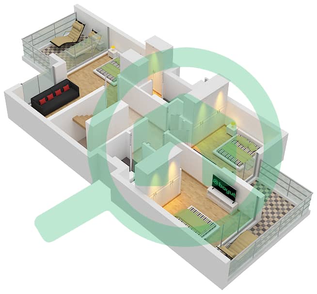 المخططات الطابقية لتصميم النموذج / الوحدة TRIPLEX-MIDDLE(AMBER) تاون هاوس 4 غرف نوم - بليس First Floor interactive3D