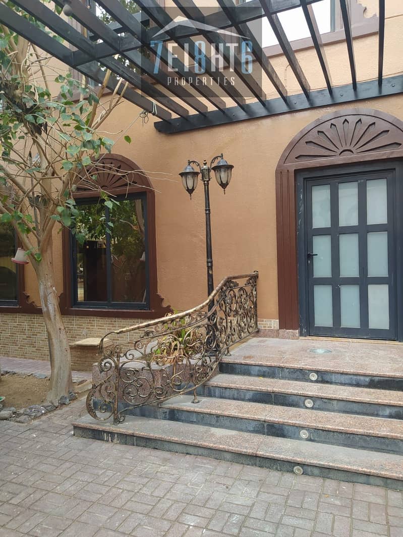 Beautifully presented: 6 b/r semi-indep villa + servant quarters + private s/pool + garden for rent in Umm Suqeim 1