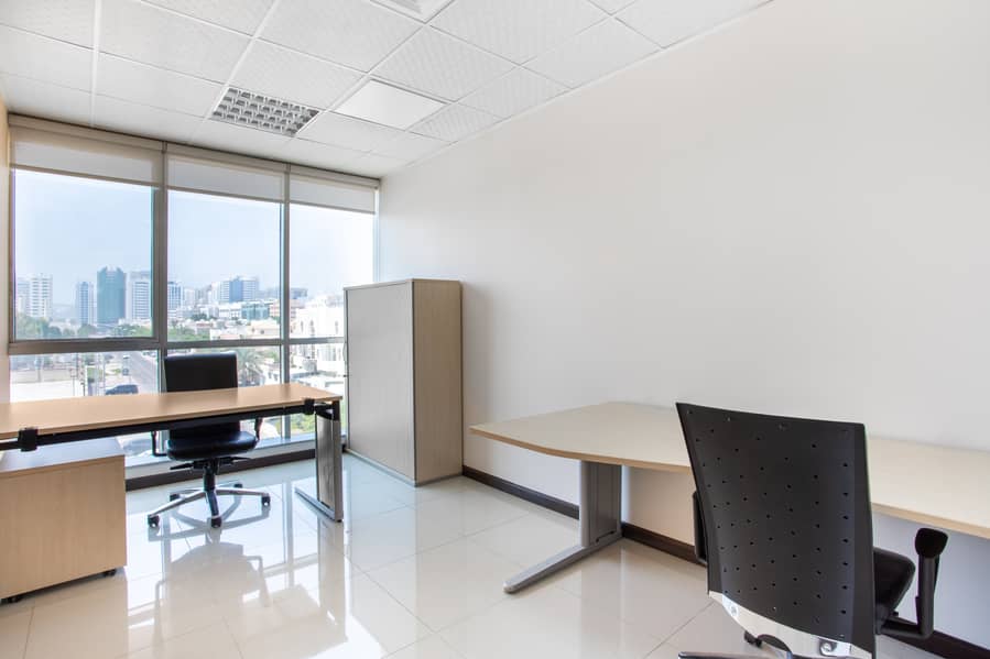 Find office space in ABU DHABI, Al Arjan  for 2 persons with everything taken care of