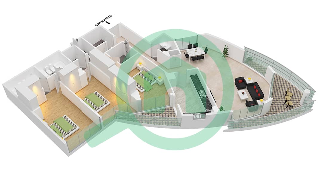 المخططات الطابقية لتصميم الوحدة 209 شقة 3 غرف نوم - النهدة 1 interactive3D