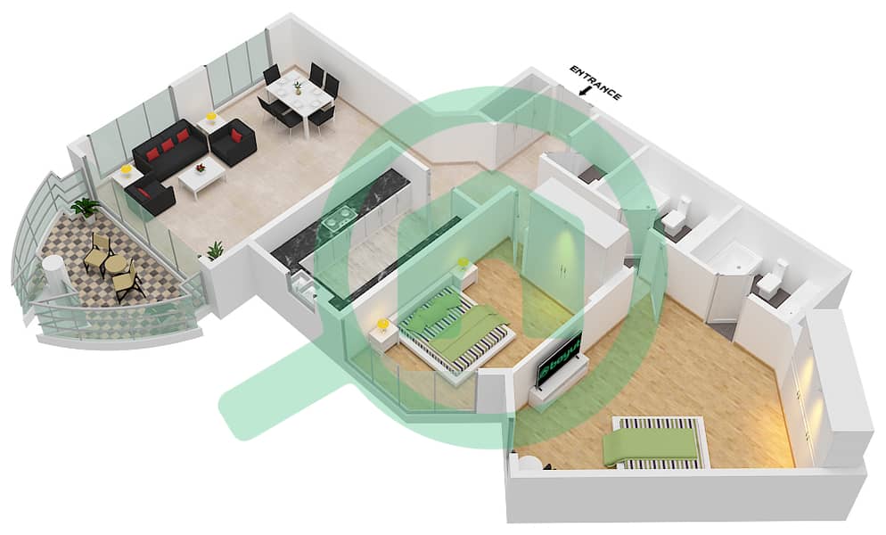 المخططات الطابقية لتصميم الوحدة 204 شقة 2 غرفة نوم - النهدة 1 interactive3D