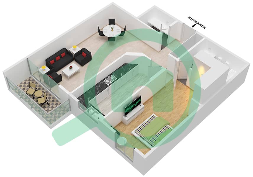 المخططات الطابقية لتصميم الوحدة 202 شقة 1 غرفة نوم - النهدة 1 interactive3D