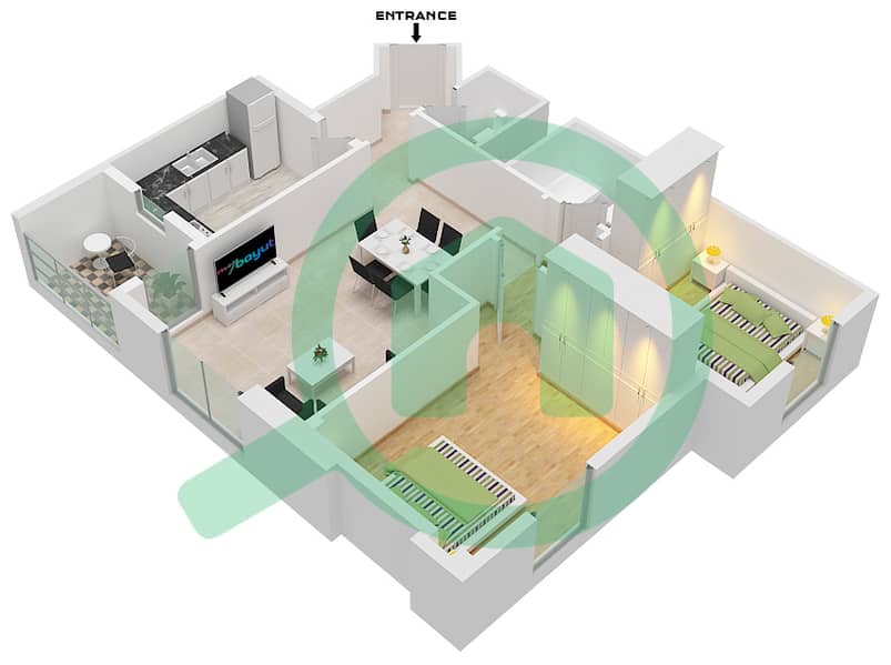Al Khail Gate Phase 1 - 2 Bedroom Apartment Type/unit 1/102 Floor plan interactive3D