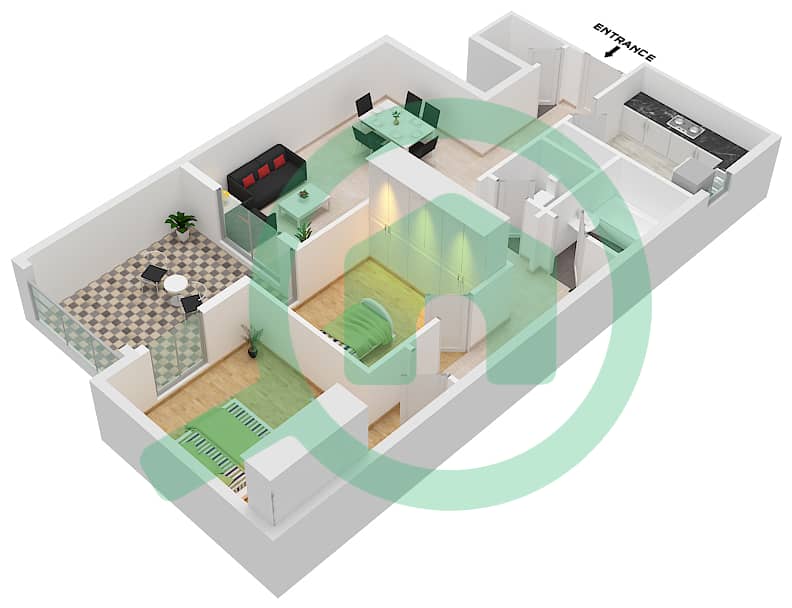 Al Khail Gate Phase 1 - 2 Bedroom Apartment Type/unit 1/104 Floor plan interactive3D