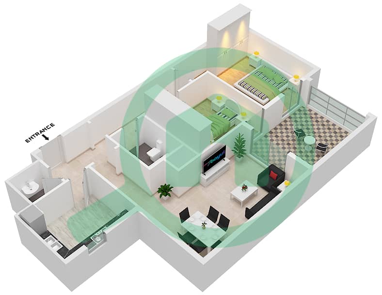 阿尔海尔门1期 - 2 卧室公寓类型／单位1/105戶型图 interactive3D
