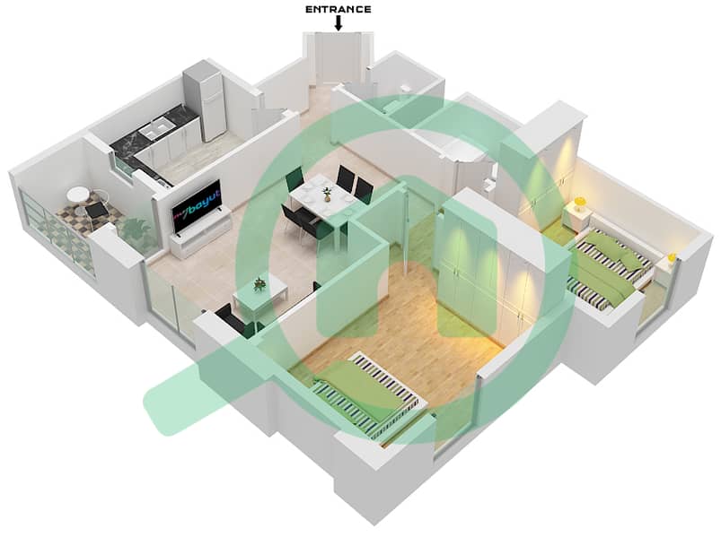 Al Khail Gate Phase 1 - 2 Bedroom Apartment Type/unit 1/110 Floor plan interactive3D