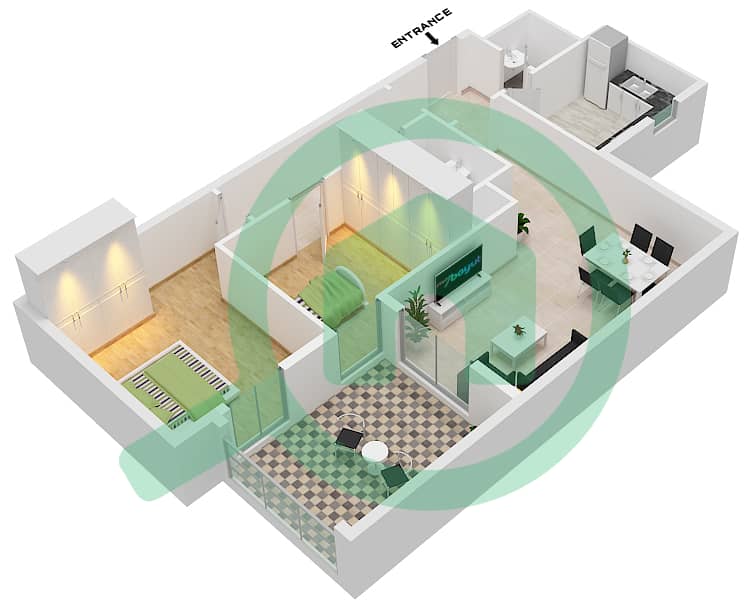 المخططات الطابقية لتصميم النموذج / الوحدة 1/112 شقة 2 غرفة نوم - بوابة الخيل المرحلة 1 interactive3D