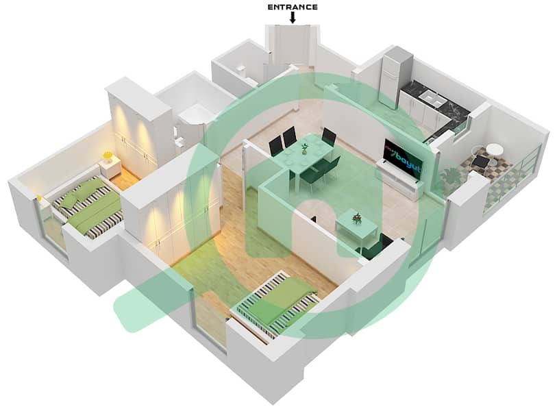 Al Khail Gate Phase 1 - 2 Bedroom Apartment Type/unit 1/115 Floor plan interactive3D