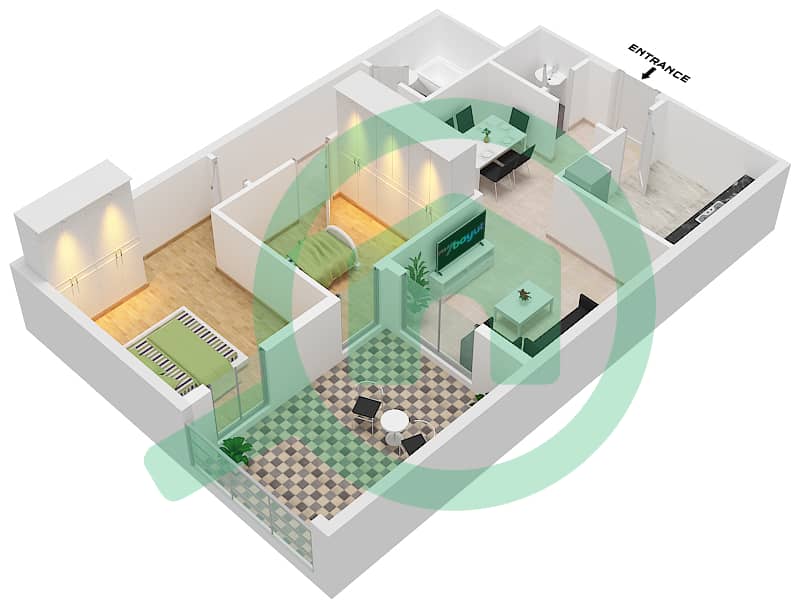 Al Khail Gate Phase 1 - 2 Bedroom Apartment Type/unit 2/104 Floor plan interactive3D