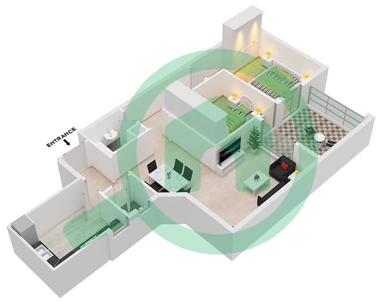 Al Khail Gate Phase 1 - 2 Bedroom Apartment Type/unit 2/105 Floor plan interactive3D