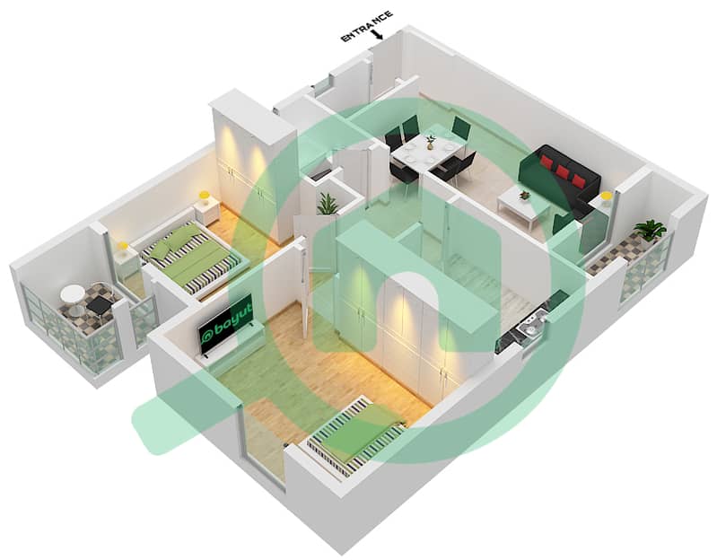 Al Khail Gate Phase 1 - 2 Bedroom Apartment Type/unit 2/107 Floor plan interactive3D