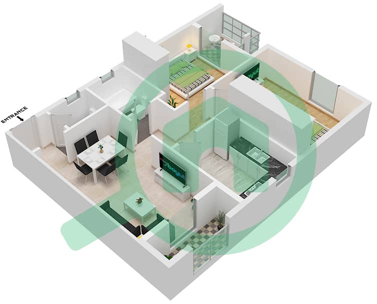 Al Khail Gate Phase 1 - 2 Bedroom Apartment Type/unit 2/110 Floor plan interactive3D
