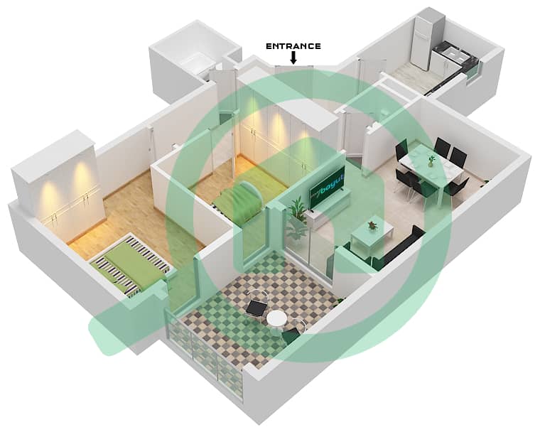 Al Khail Gate Phase 1 - 2 Bedroom Apartment Type/unit 3/103 Floor plan interactive3D