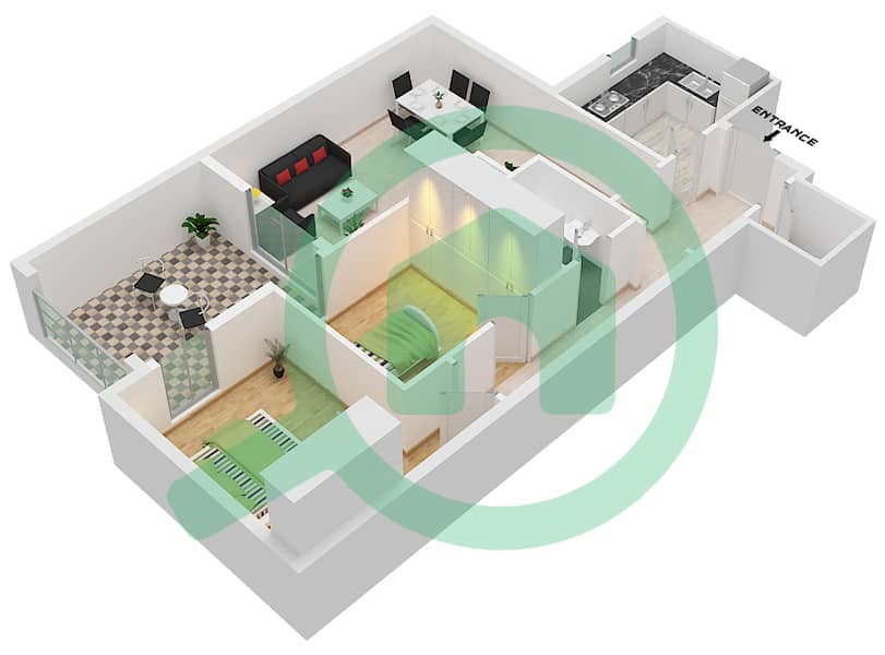 Al Khail Gate Phase 1 - 2 Bedroom Apartment Type/unit 3/105 Floor plan interactive3D