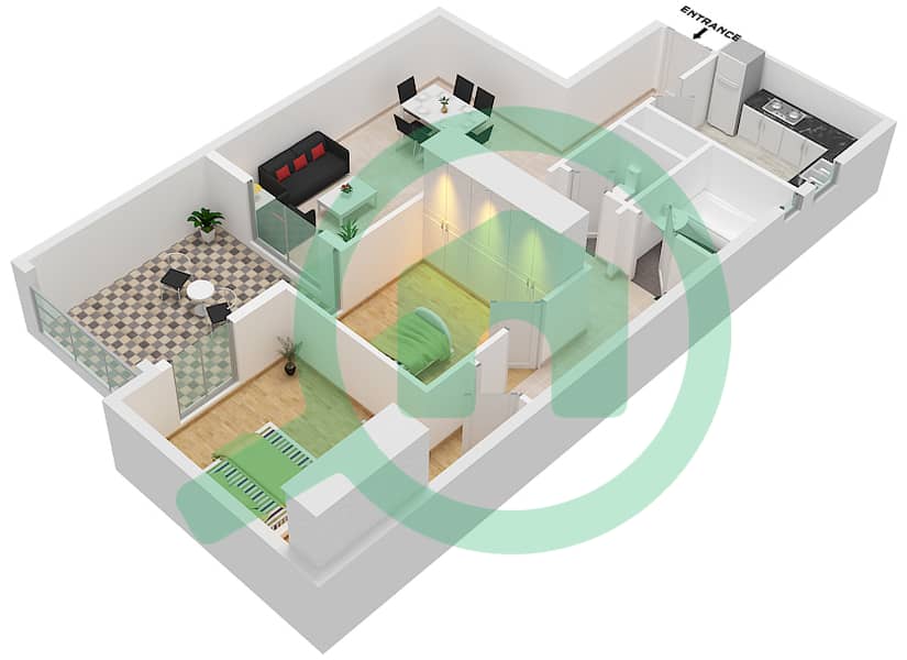 Al Khail Gate Phase 1 - 2 Bedroom Apartment Type/unit 3/104 Floor plan interactive3D