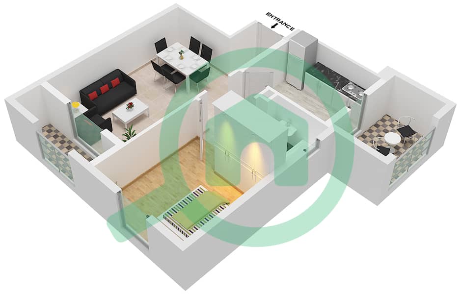 Al Khail Gate Phase 1 - 1 Bedroom Apartment Type/unit 3/108 Floor plan interactive3D